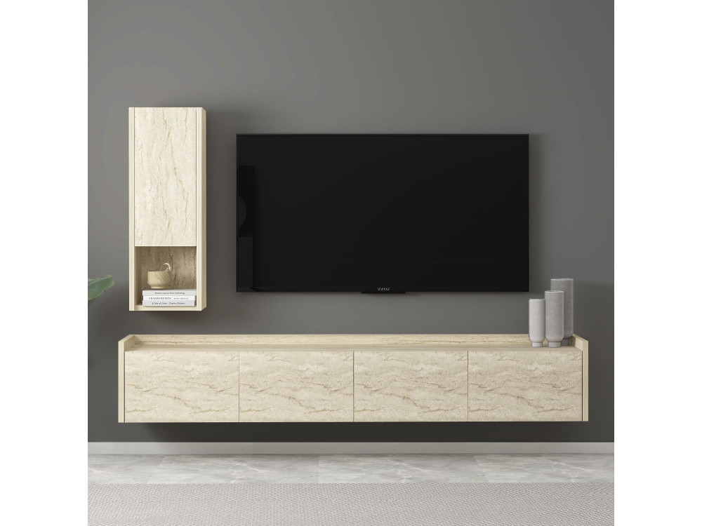 Porta TV in legno "Sema" con mensola a muro - 160 x 30 x 35 cm - Travertino