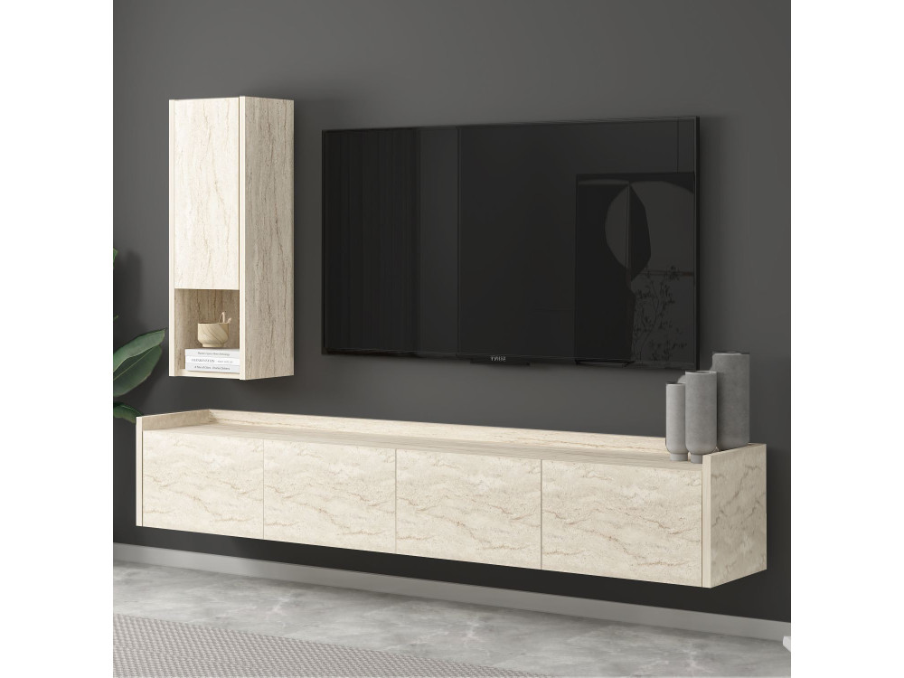 Porta TV in legno "Sema" con mensola a muro - 160 x 30 x 35 cm - Travertino