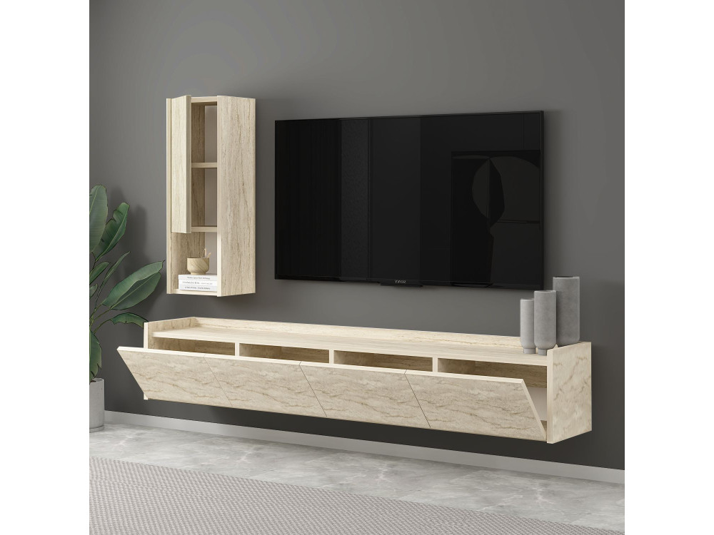 Porta TV in legno "Sema" con mensola a muro - 160 x 30 x 35 cm - Travertino