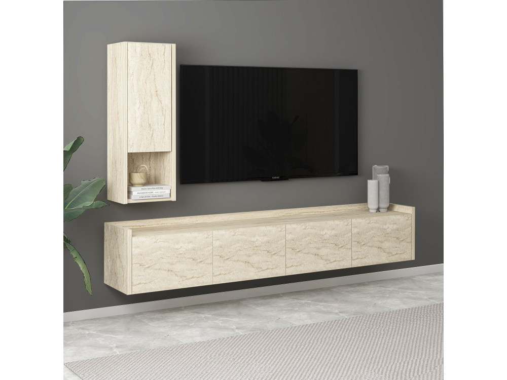 Porta TV in legno "Sema" con mensola a muro - 160 x 30 x 35 cm - Travertino