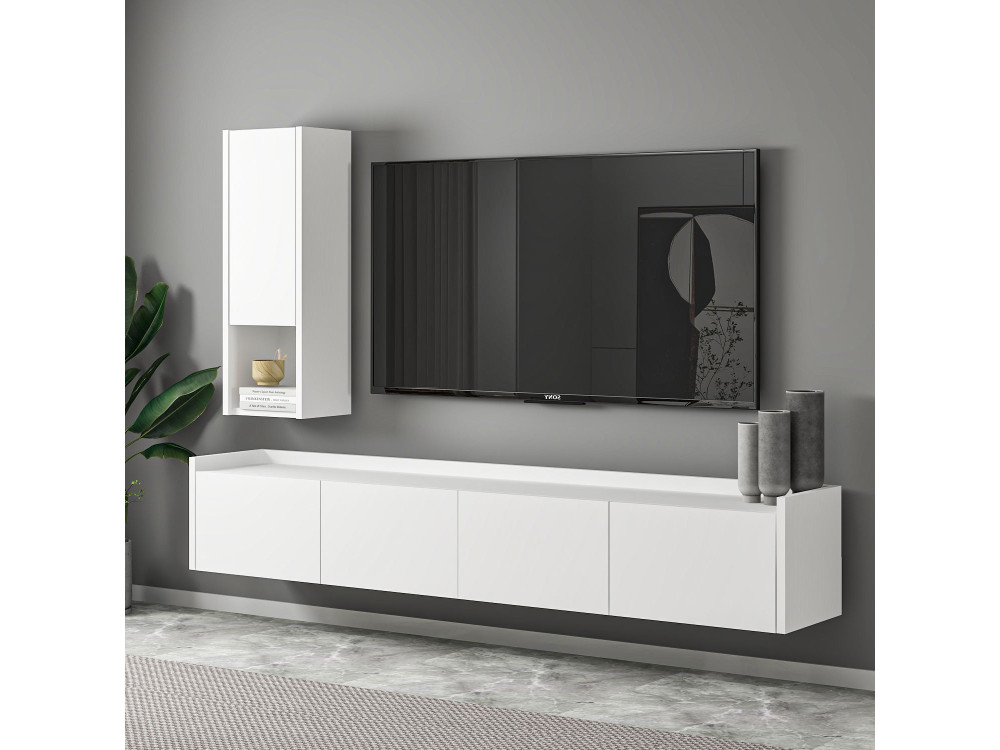 Mobile TV in legno "Sema" con mensola a muro - 160 x 30 x 35 cm - Bianco