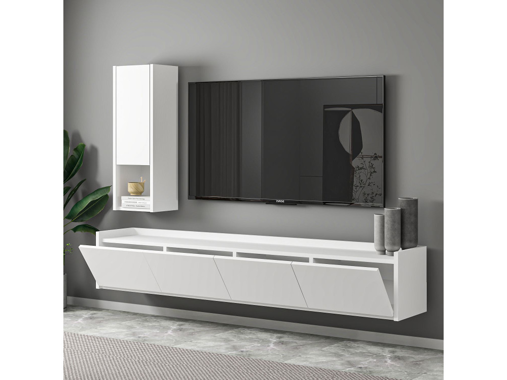 Mobile TV in legno "Sema" con mensola a muro - 160 x 30 x 35 cm - Bianco