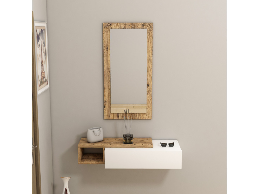 Consolle in legno con specchio "Vien" - 82 x 29 x 15 cm - Bianco