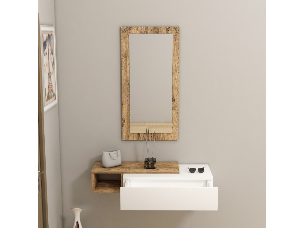 Consolle in legno con specchio "Vien" - 82 x 29 x 15 cm - Bianco