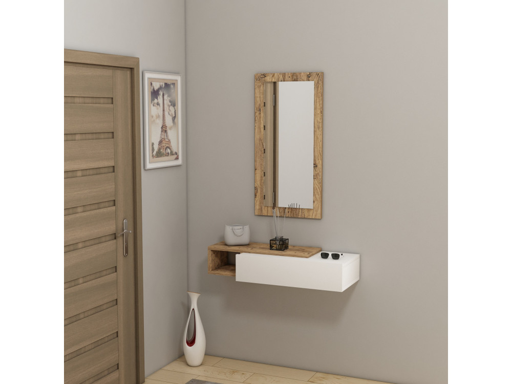 Consolle in legno con specchio "Vien" - 82 x 29 x 15 cm - Bianco