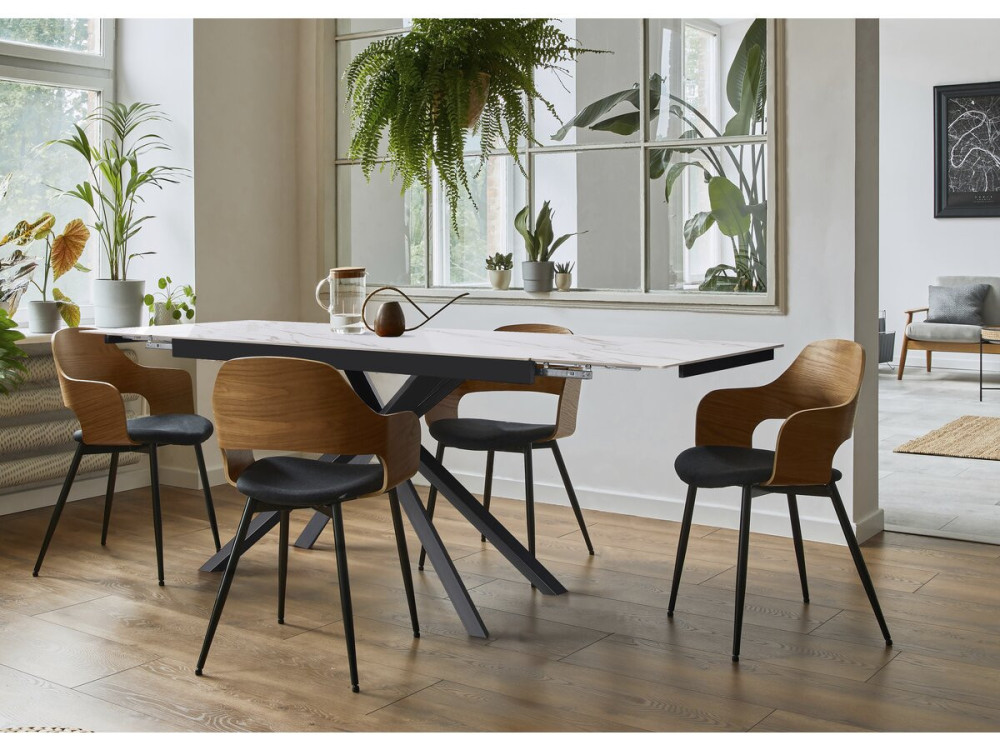 Tavolo da pranzo allungabile in ceramica per 6-10 persone "Celeste" - Bianco marmorizzato oro