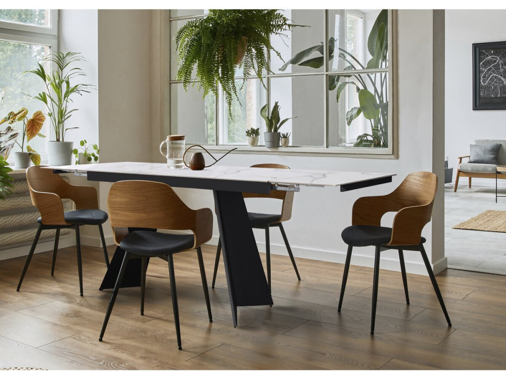 Tavolo da pranzo allungabile in ceramica per 6-10 persone "Equinoxe" - Bianco marmorizzato grigio
