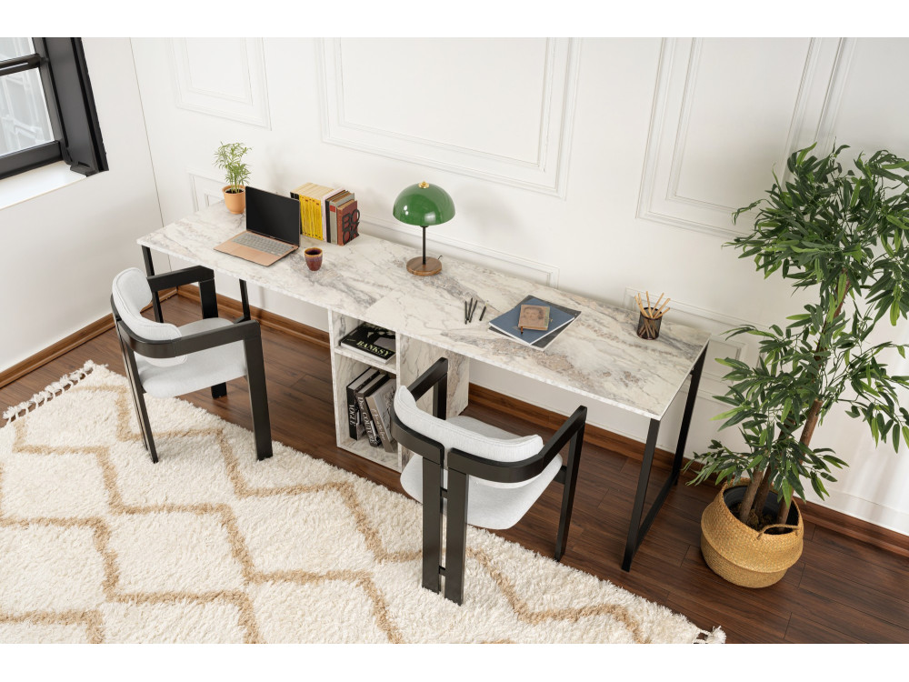 Scrivania doppia "Twin" con 2 ripiani in legno - 240 x 60 x 74 cm - Bianco marmorizzato