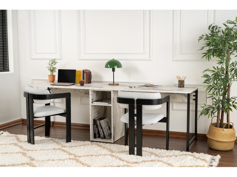 Scrivania doppia "Twin" con 2 ripiani in legno - 240 x 60 x 74 cm - Bianco marmorizzato