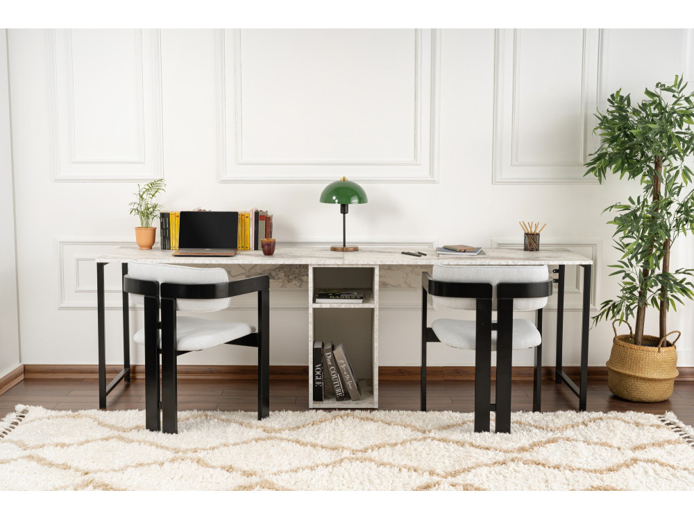 Scrivania doppia "Twin" con 2 ripiani in legno - 240 x 60 x 74 cm - Bianco marmorizzato