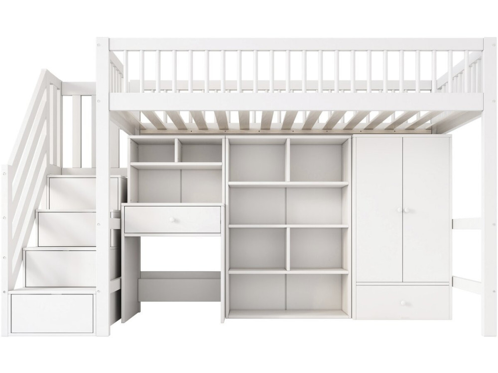 Letto a soppalco in legno con cabina armadio e scrivania integrata "Amélia" - 90 x 190 cm - Bianco