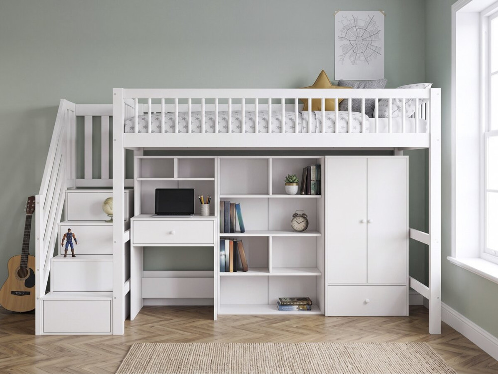 Letto a soppalco in legno con cabina armadio e scrivania integrata "Amélia" - 90 x 190 cm - Bianco
