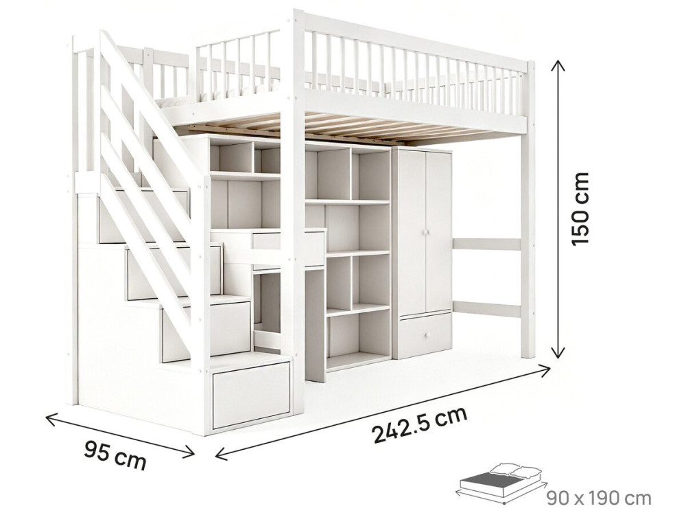 Letto a soppalco in legno con cabina armadio e scrivania integrata "Amélia" - 90 x 190 cm - Bianco