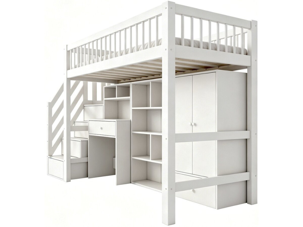 Letto a soppalco in legno con cabina armadio e scrivania integrata "Amélia" - 90 x 190 cm - Bianco