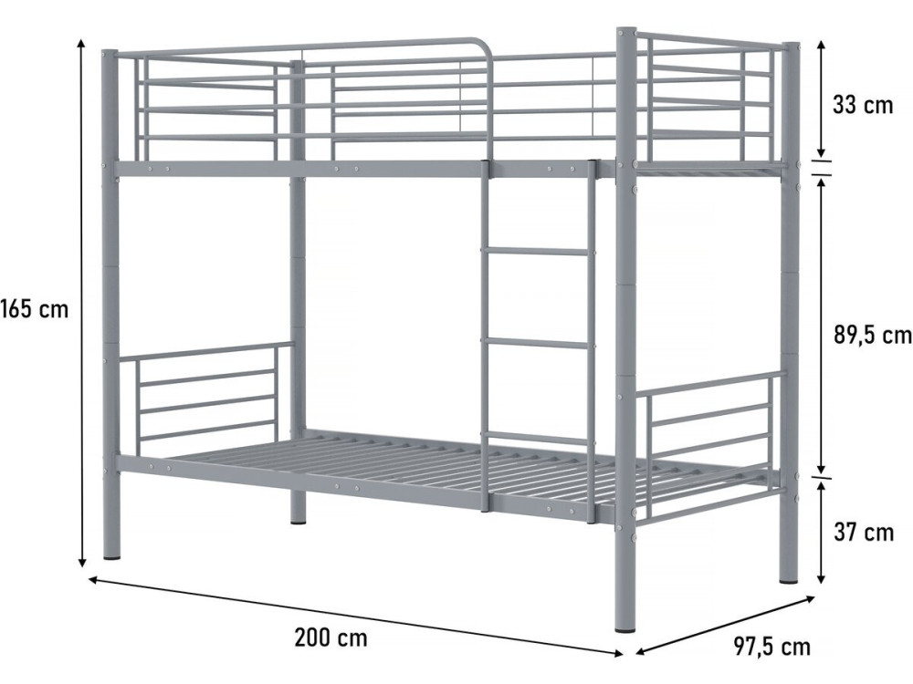Letto a castello "ADAM" -  90 x 190 cm - Metallo - Grigio