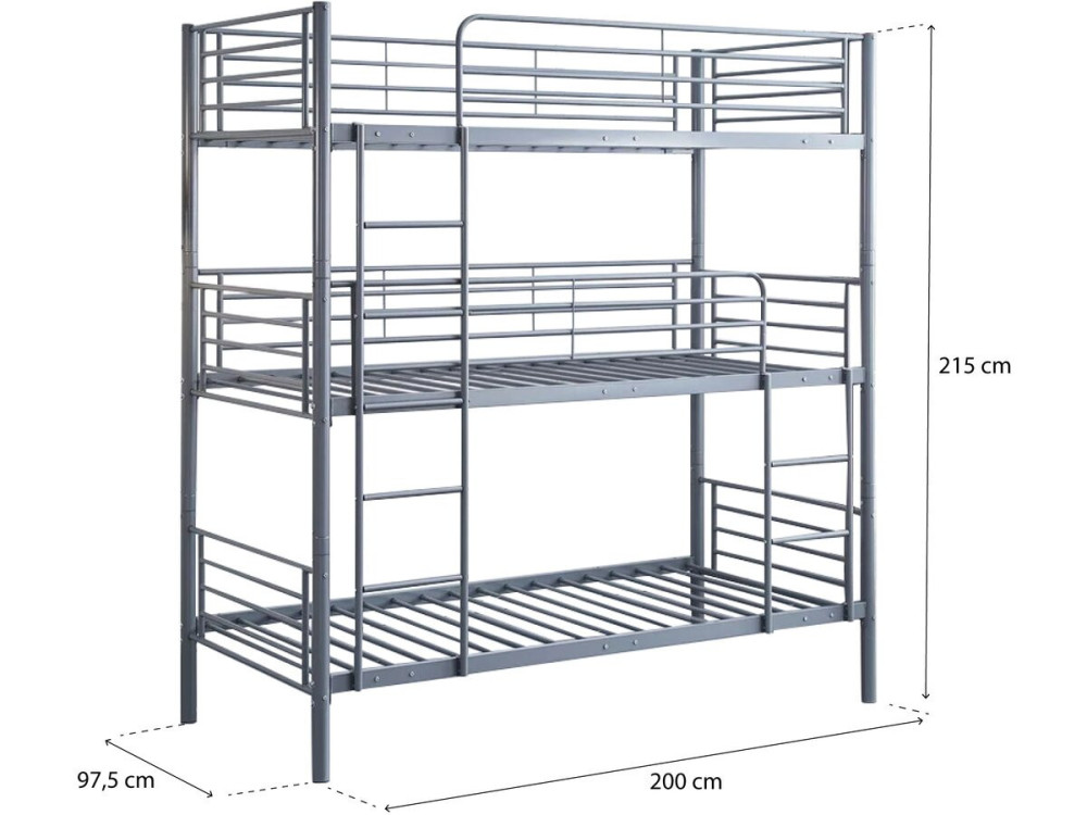 Letto a castello triplo in metallo “HAVIN” - 90 x 190 cm - Grigio