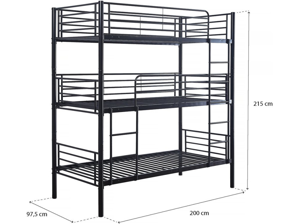 Letto a castello triplo in metallo "HAVIN" - 90 x 190 cm - Nero