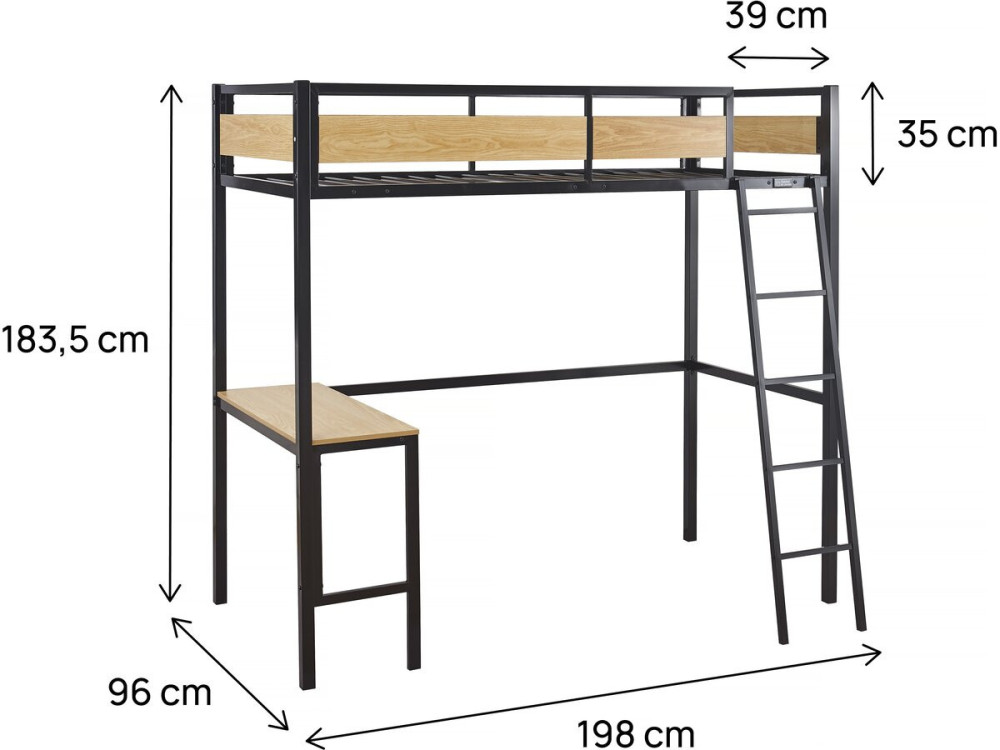 Letto a soppalco “Ethan” con scrivania - 90 x 190 cm - Nero