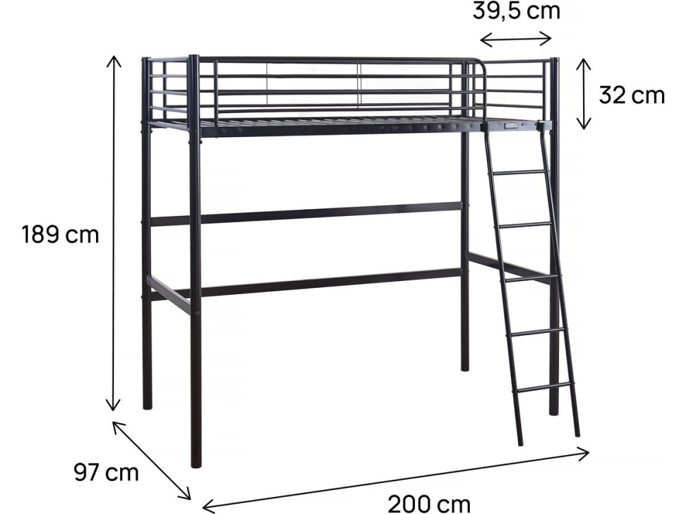 Letto a soppalco in metallo "Alora" - 90 x 190 cm - Nero