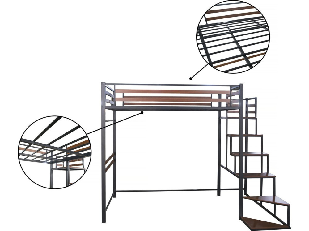 Letto a soppalco in metallo con scala "LENA" - 140 x 200 cm - Nero e marrone noce