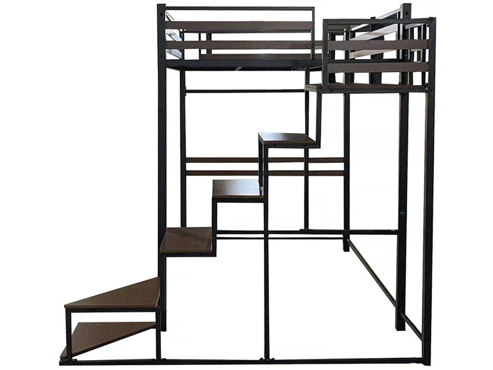 Letto a soppalco in metallo con scala "LENA" - 140 x 200 cm - Nero e marrone noce