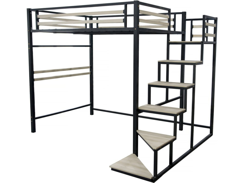 Letto a soppalco in metallo con scale "LENA" - 140 x 190 cm - Nero