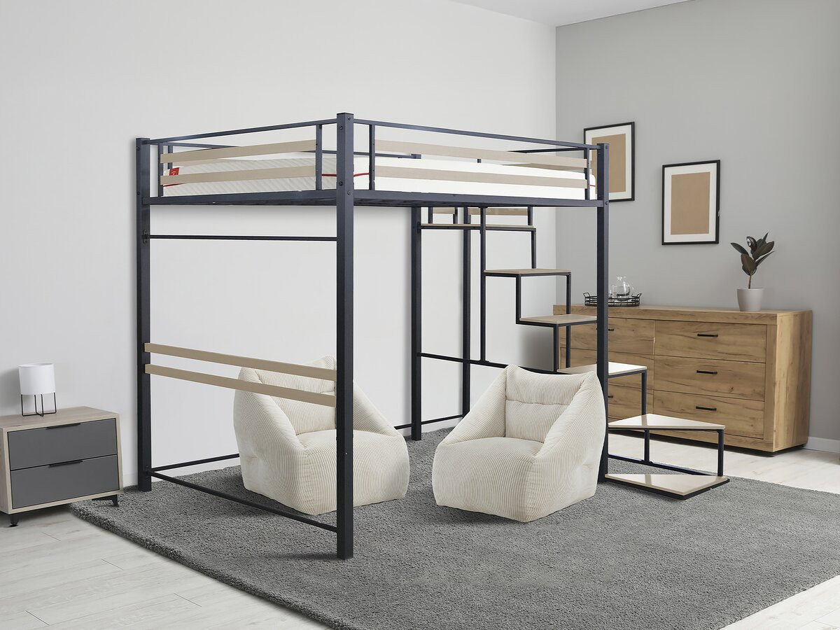 Letto a soppalco in metallo nero LENA con scala, materasso 140 x 190 cm, per organizzare un piccolo monolocale