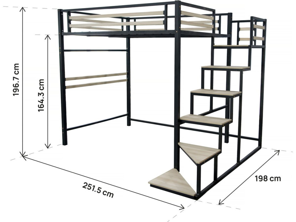 Letto a soppalco in metallo con scale "LENA" - 140 x 190 cm - Nero