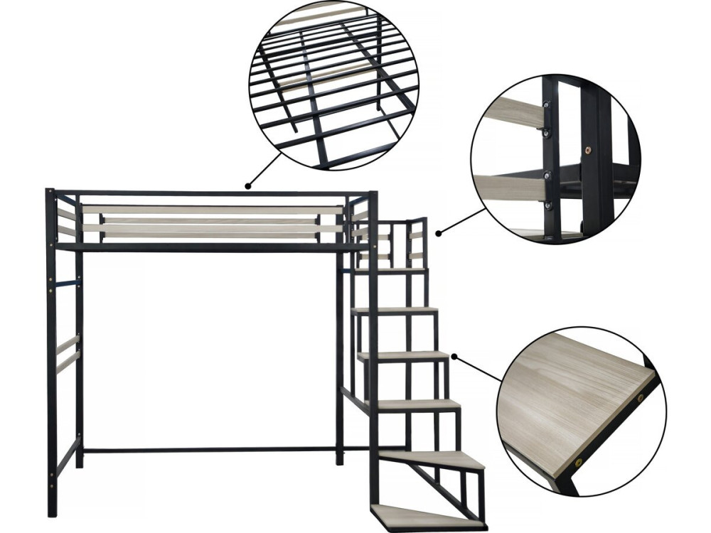 Letto a soppalco in metallo con scale "LENA" - 140 x 190 cm - Nero