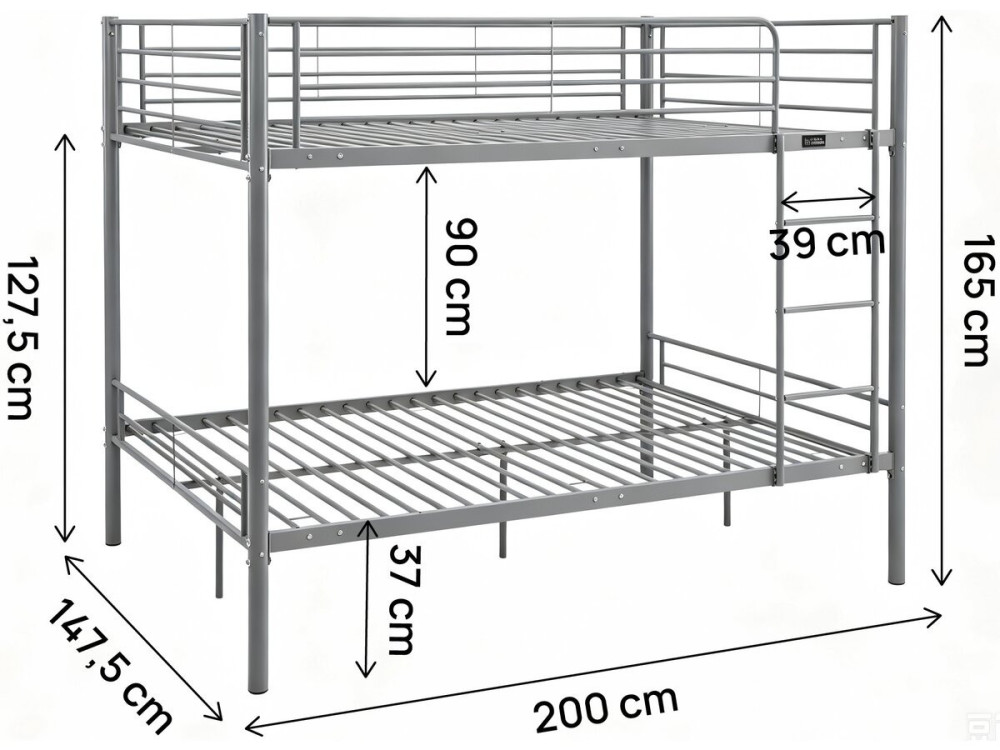 Letto a castello matrimoniale "Adam" con rete - 140 x 190 cm - Grigio