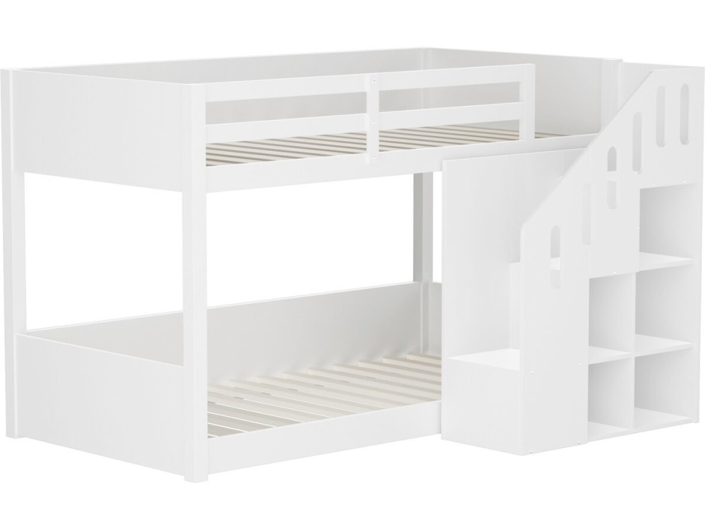 Letto a castello in legno con scaletta e contenitori "Léana" - 90 x 190 cm - Bianco