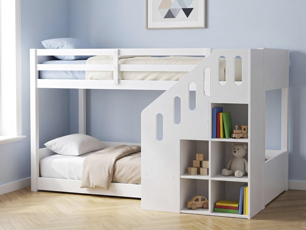 Letto a castello in legno con scaletta e contenitori "Léana" - 90 x 190 cm - Bianco