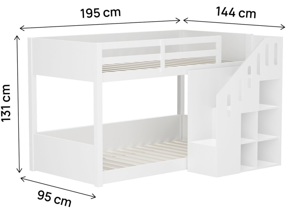 Letto a castello in legno con scaletta e contenitori "Léana" - 90 x 190 cm - Bianco