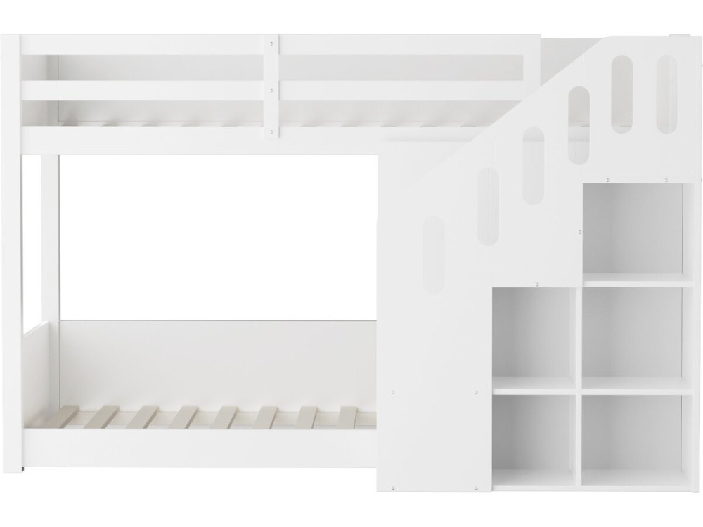 Letto a castello in legno con scaletta e contenitori "Léana" - 90 x 190 cm - Bianco