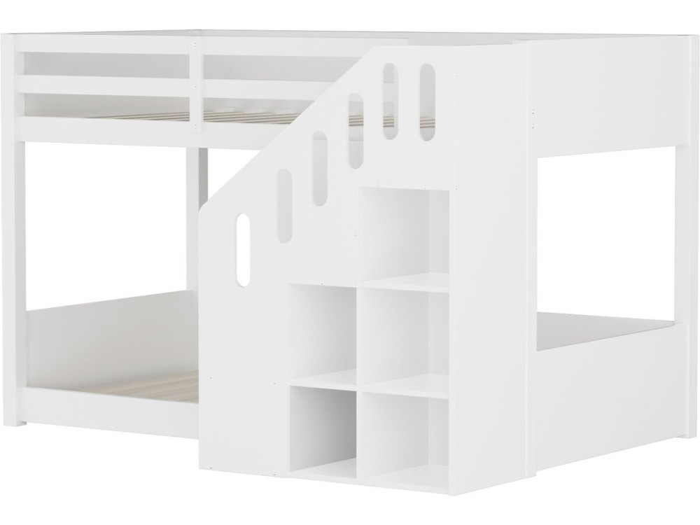 Letto a castello in legno con scaletta e contenitori "Léana" - 90 x 190 cm - Bianco