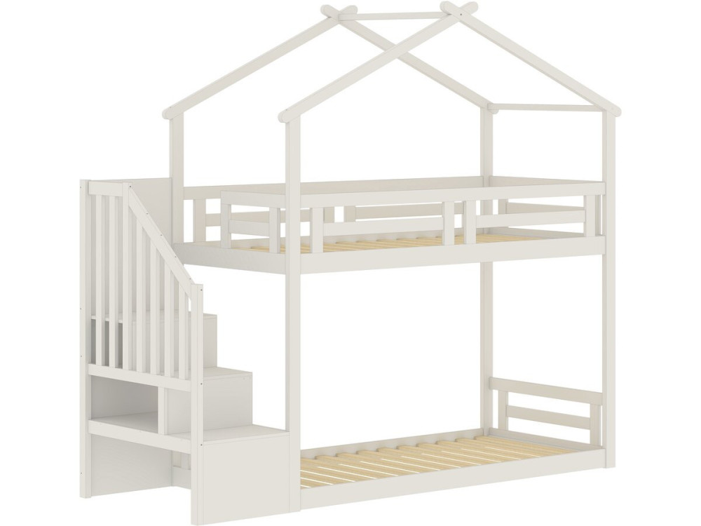 Letto a castello a forma di capanna con scaletta in legno "Oriana" - 90 x 190 cm - Beige