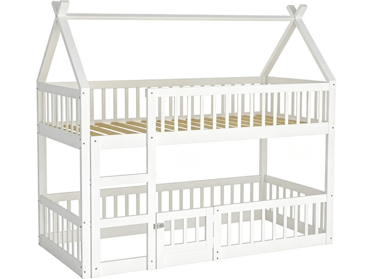 Letto a castello a forma di casetta in legno con scaletta "Laith" - 90 x 190 cm - Bianco