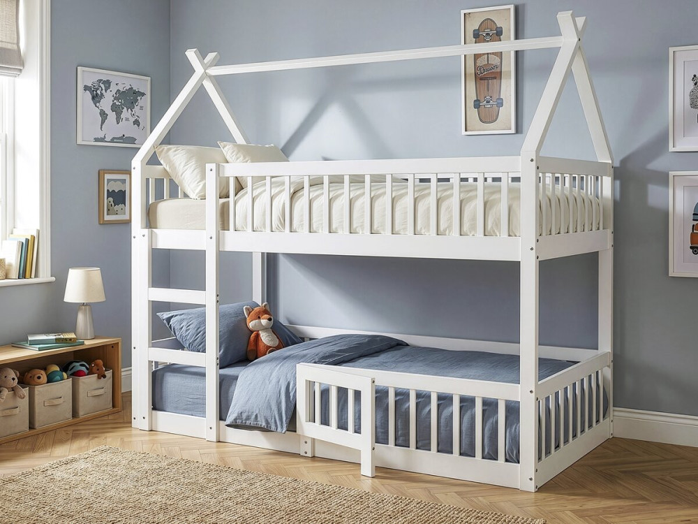 Letto a castello a forma di casetta in legno con scaletta "Laith" - 90 x 190 cm - Bianco