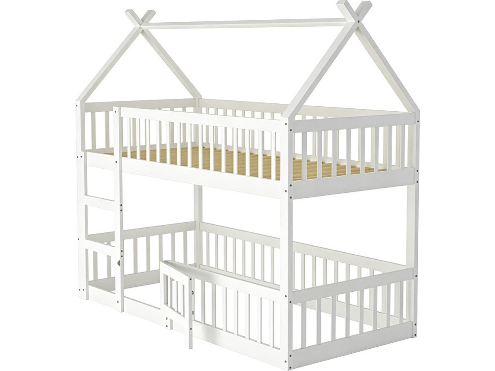 Letto a castello a forma di casetta in legno con scaletta "Laith" - 90 x 190 cm - Bianco