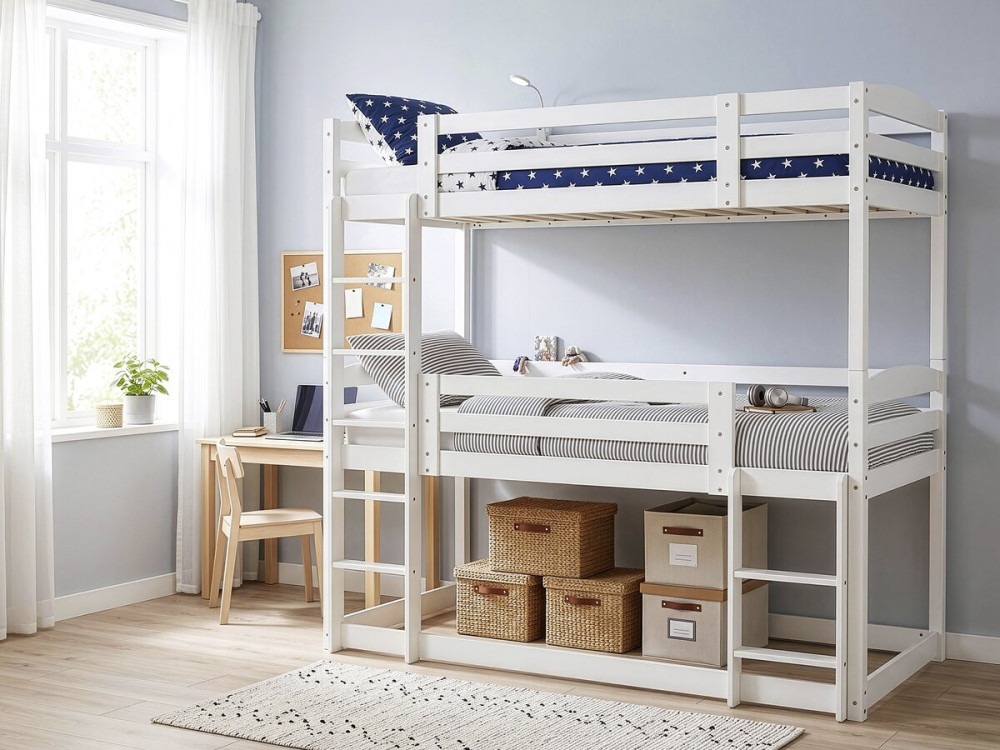 Letto a castello in legno con scaletta "Sephora" - 90 x 190 cm - Bianco