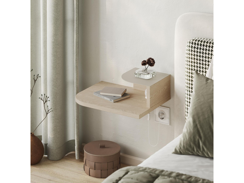 Comodino "Luno" con lampadina in legno - 40 x 30 x 16 cm - Crema
