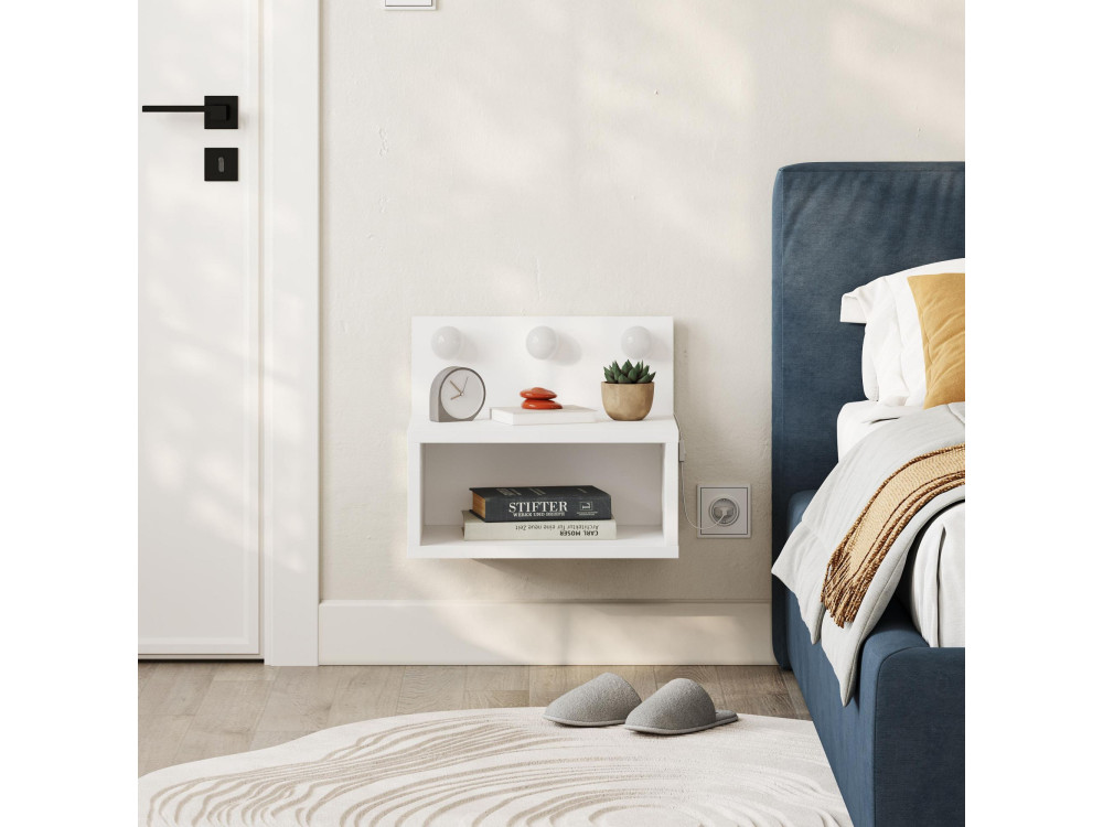 Comodino "Treo" con lampadina in legno - 40 x 30 x 34 cm - Bianco