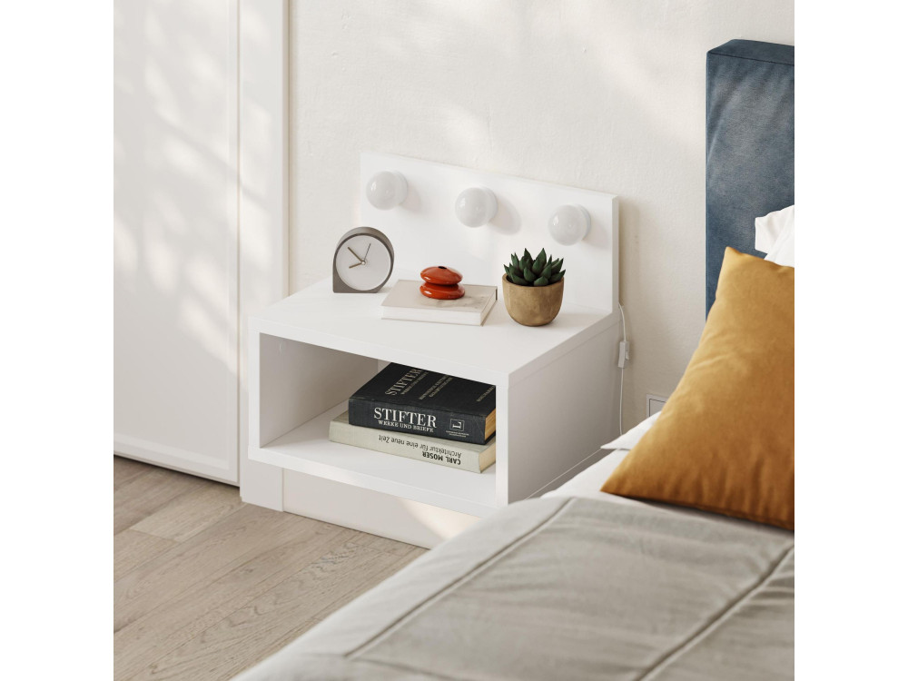 Comodino "Treo" con lampadina in legno - 40 x 30 x 34 cm - Bianco
