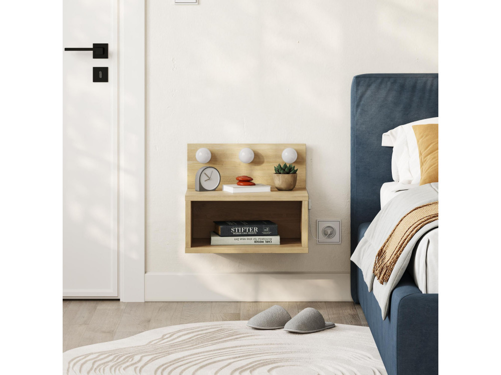 Comodino "Treo" con lampadina in legno - 40 x 30 x 34 cm - Beige