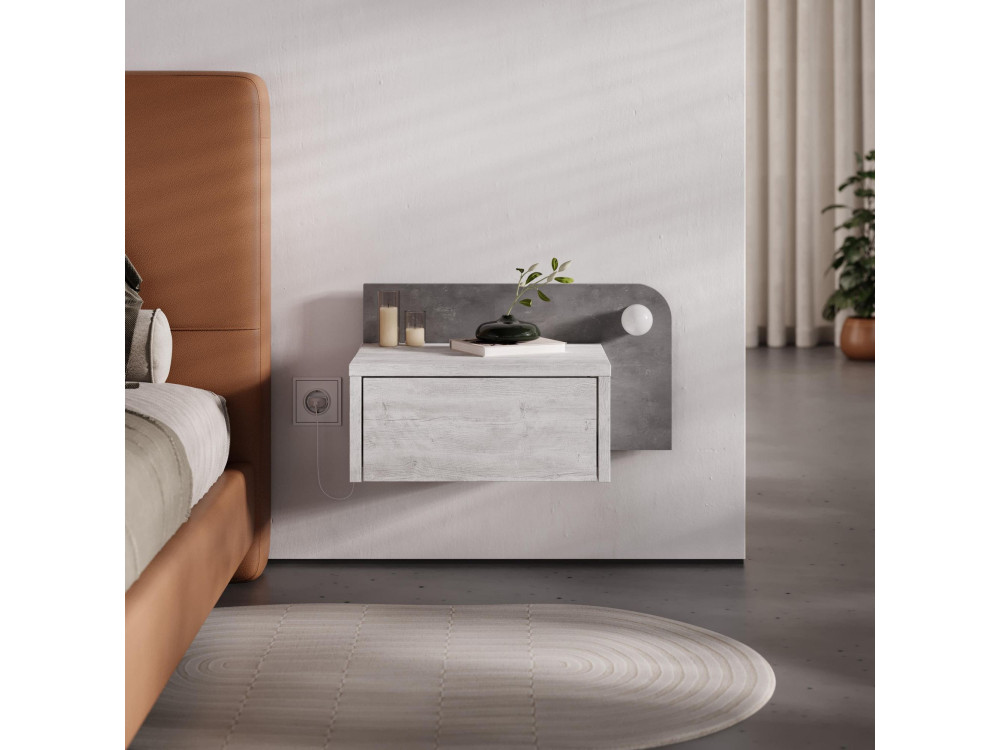 Comodino "Dotta" con lampadina in legno - 52 x 30 x 28 cm - Grigio