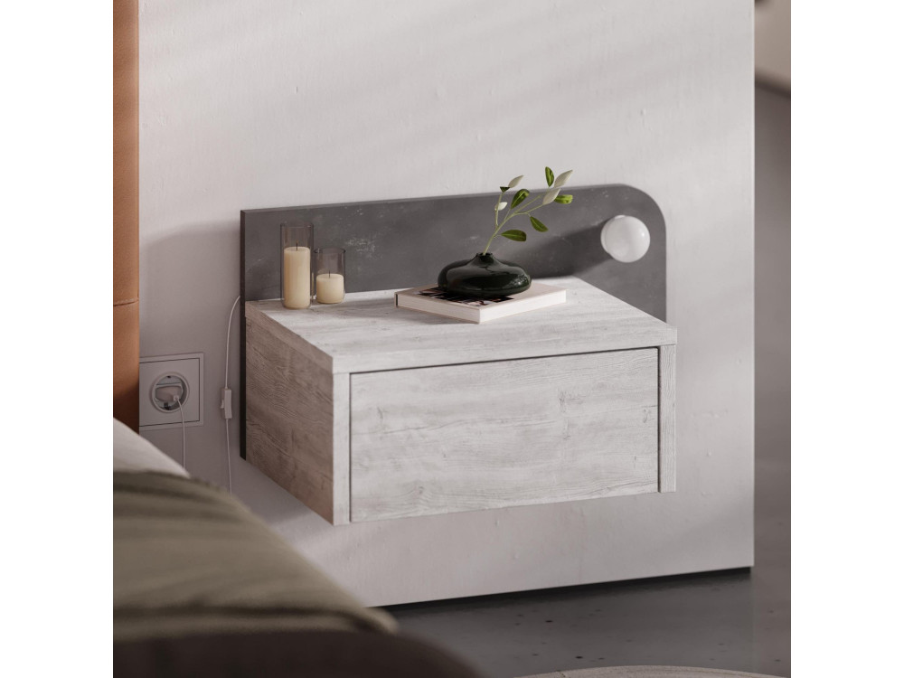 Comodino "Dotta" con lampadina in legno - 52 x 30 x 28 cm - Grigio
