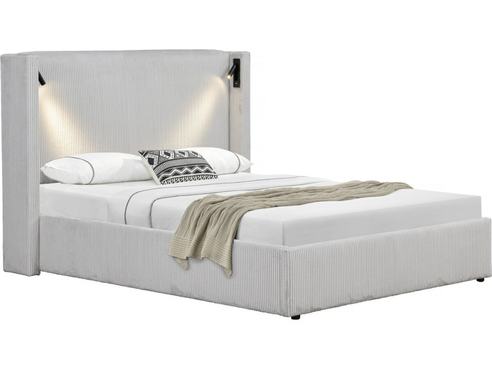 Letto matrimoniale in velluto a coste con cassettiera integrata e lampada "Cortina" - 160 x 200 cm - Beige
