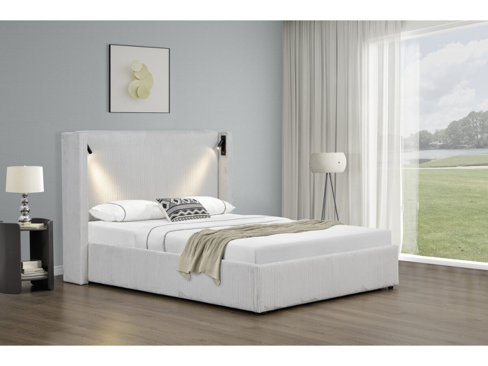 Letto matrimoniale in velluto a coste con cassettiera integrata e lampada "Cortina" - 160 x 200 cm - Beige
