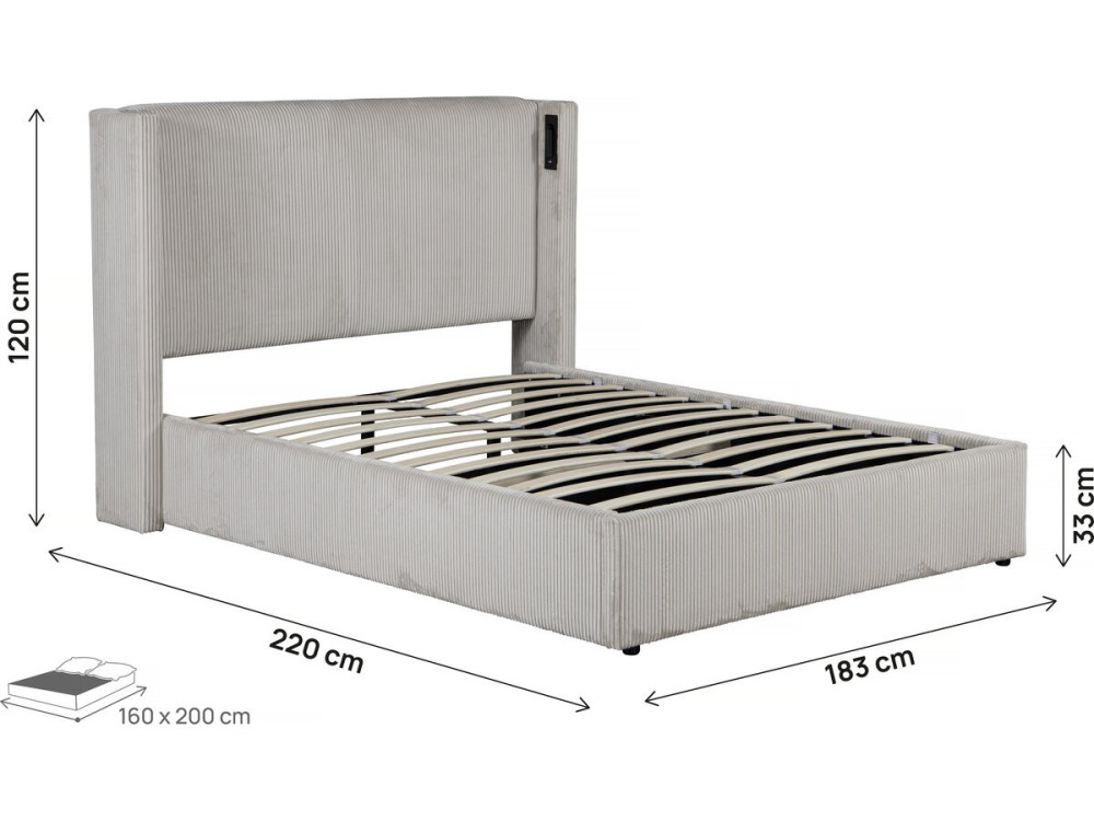 Letto matrimoniale in velluto a coste con cassettiera integrata e lampada "Cortina" - 160 x 200 cm - Beige