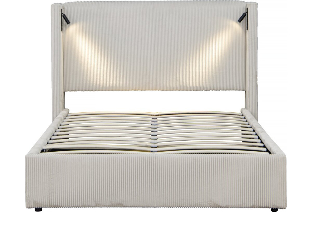 Letto matrimoniale in velluto a coste con cassettiera integrata e lampada "Cortina" - 160 x 200 cm - Beige